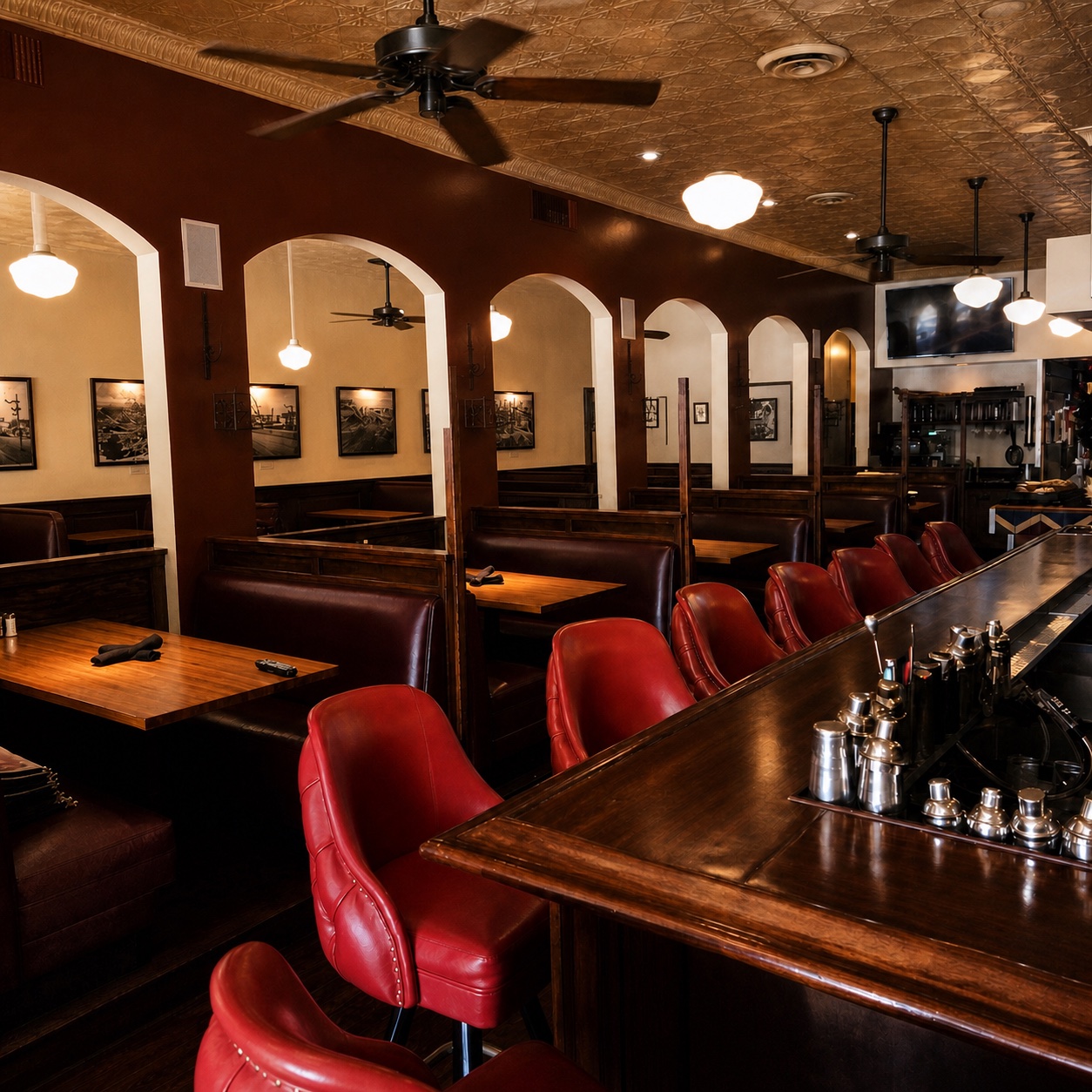 Mexicali dining room and polished wood bar with red leather seating